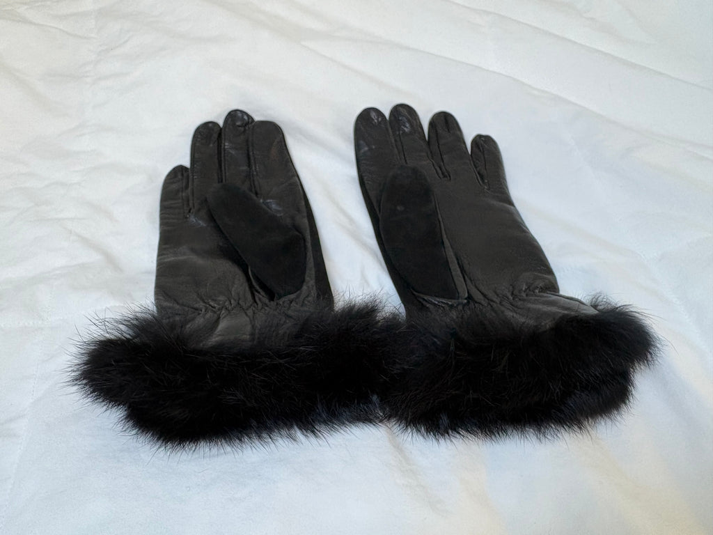 DKNY Black Leather Fur Gloves