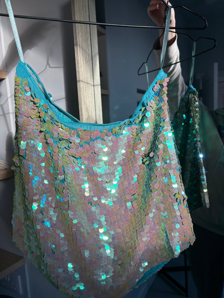 DKNY Blue Sequin Two Piece Skirt Set