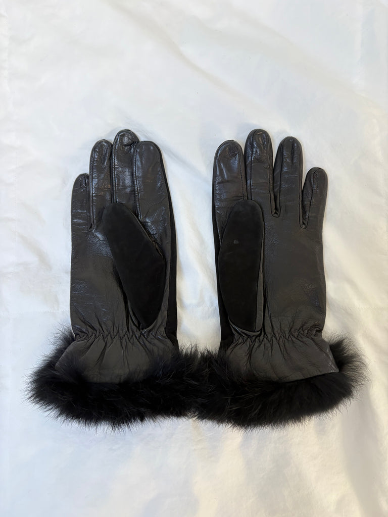 DKNY Black Leather Fur Gloves