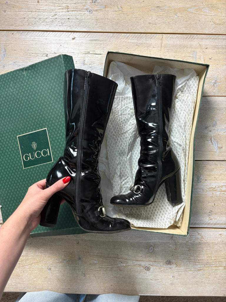 Gucci Fall 1995 Black Leather Patent Horsebit Boots 36