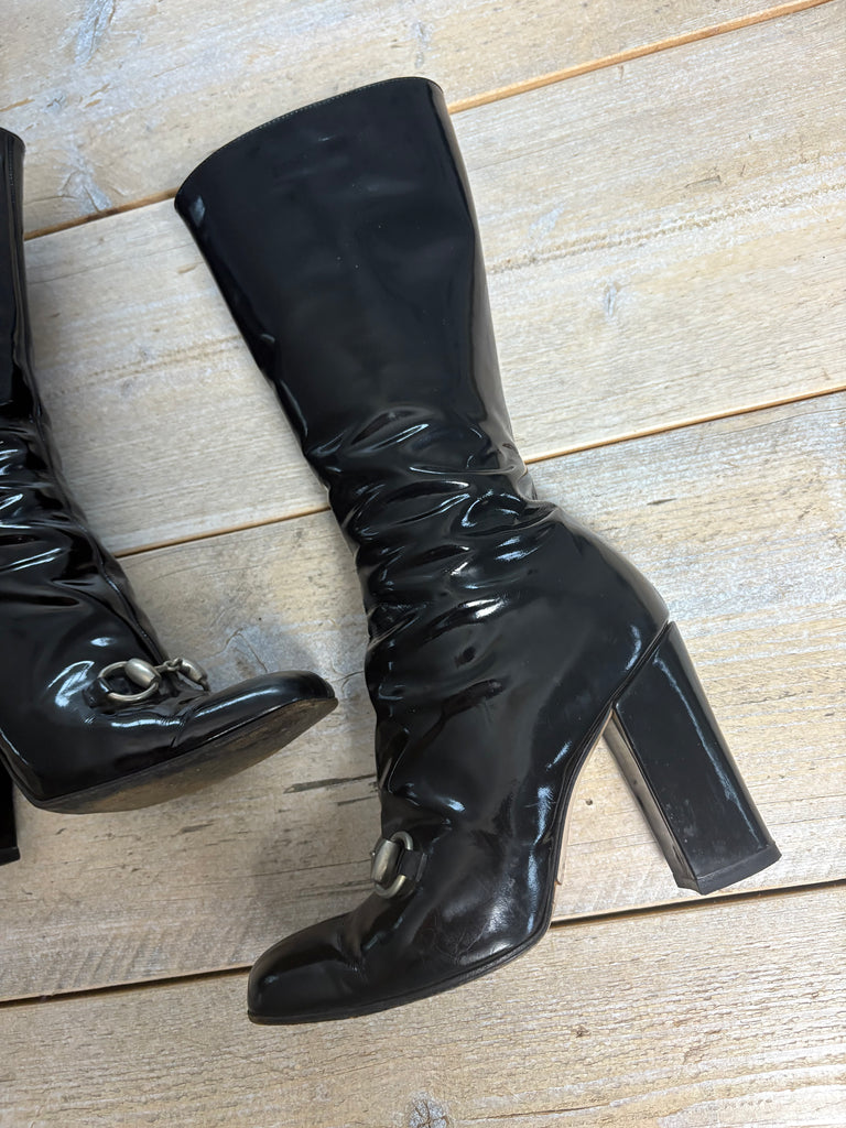 Gucci Fall 1995 Black Leather Patent Horsebit Boots 36