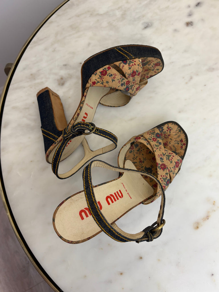 Miu Miu Floral Denim Platform Heels EU 38
