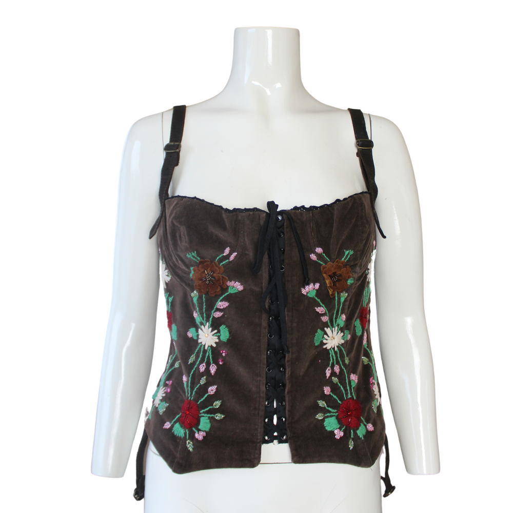 Dolce & Gabbana 2000's Floral Embroidered Brown Corduroy Corset