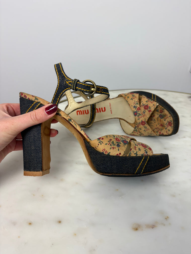 Miu Miu Floral Denim Platform Heels EU 38