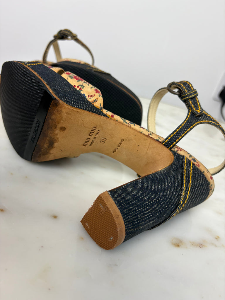Miu Miu Floral Denim Platform Heels EU 38