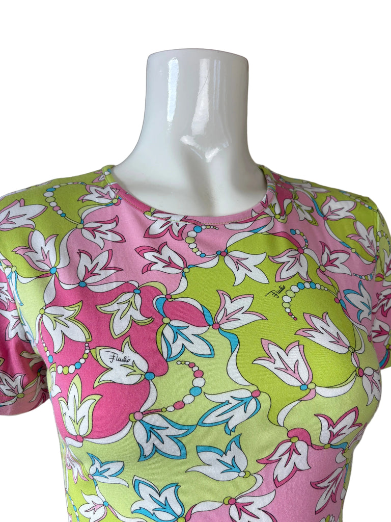 Emilio Pucci Pink & Green Flower Pattern T-Shirt
