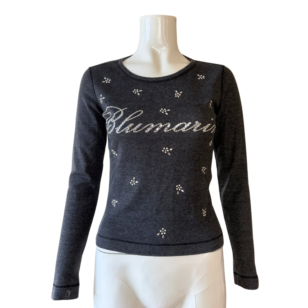 Blumarine Rhinestone Logo Grey Long Sleeve Top