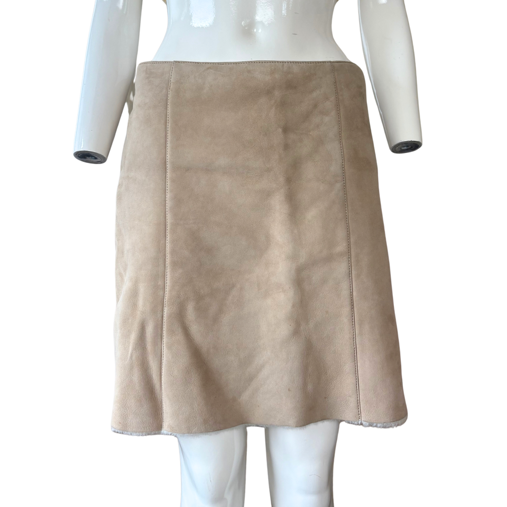 Blumarine Tan Leather Fur Lined Mini Skirt
