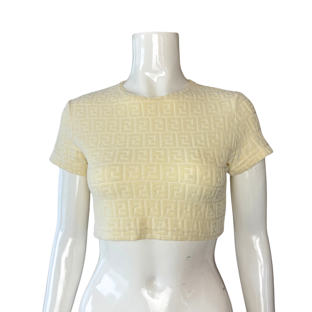 Fendi White Zucca Logo Towelling Crop T-Shirt