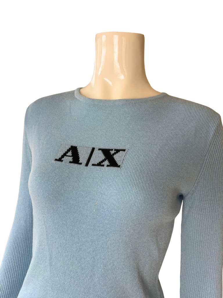 Armani Exchange Blue Logo Ribbed Long Sleeve Top