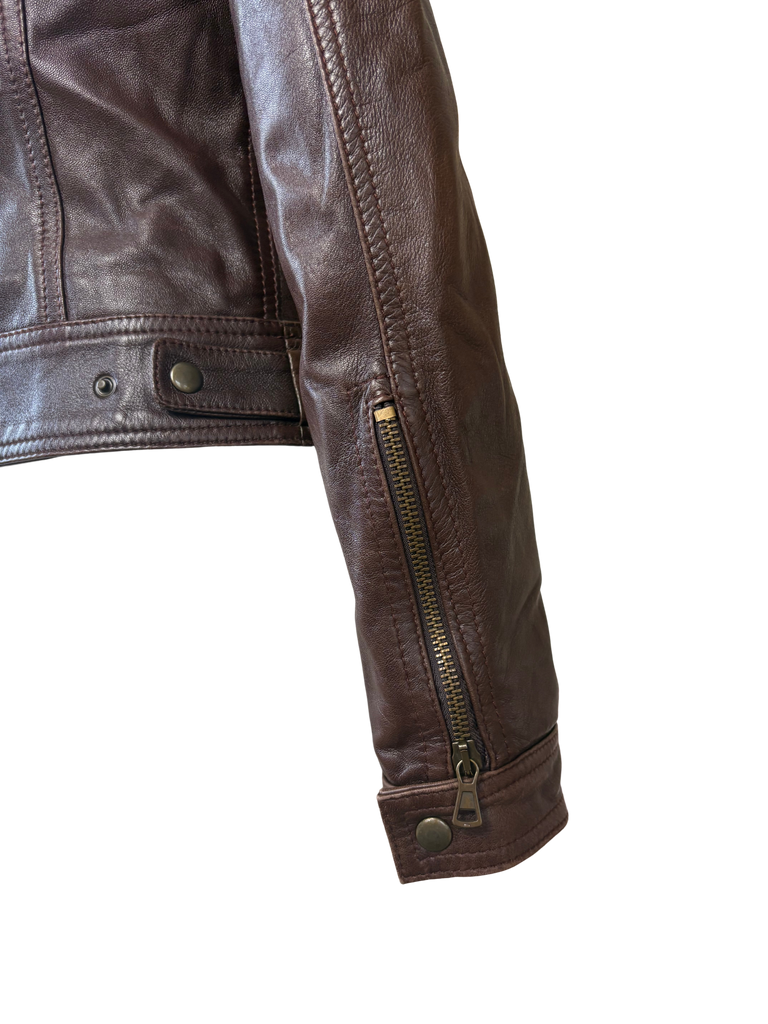 DKNY Fur Collar Brown Leather Zip Up Jacket