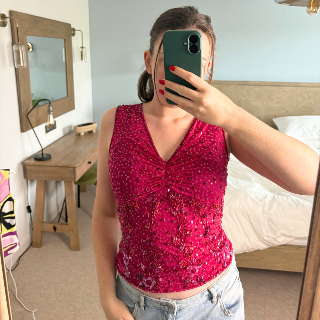 Escada Dark Pink Beaded Tank Top