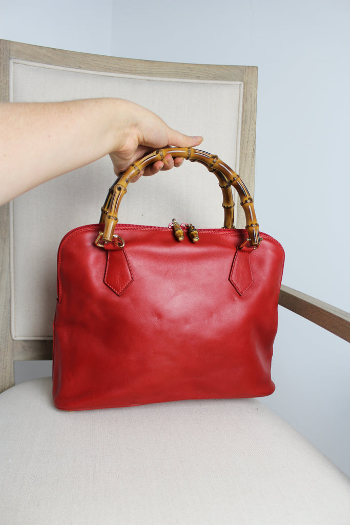 Gucci Red Leather Bamboo Handle Bag