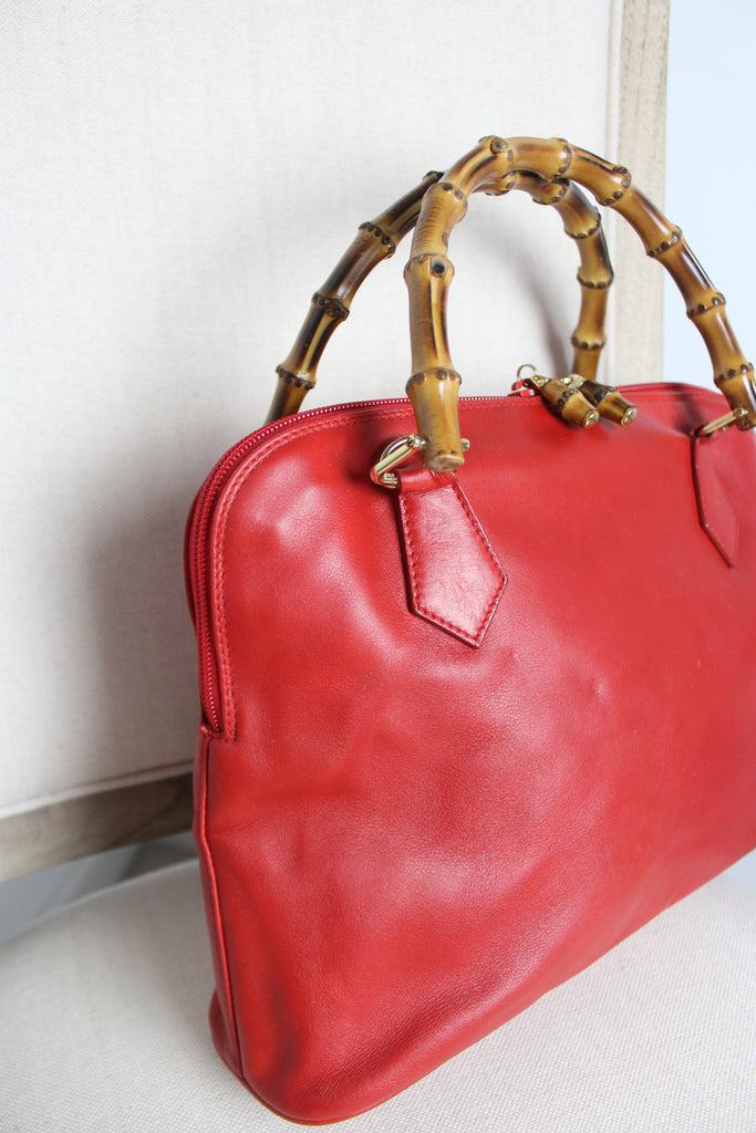 Gucci Red Leather Bamboo Handle Bag