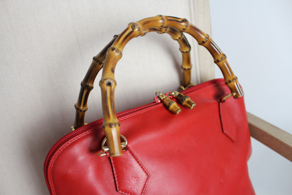 Gucci Red Leather Bamboo Handle Bag