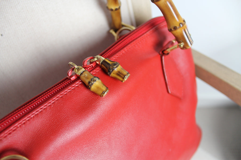 Gucci Red Leather Bamboo Handle Bag