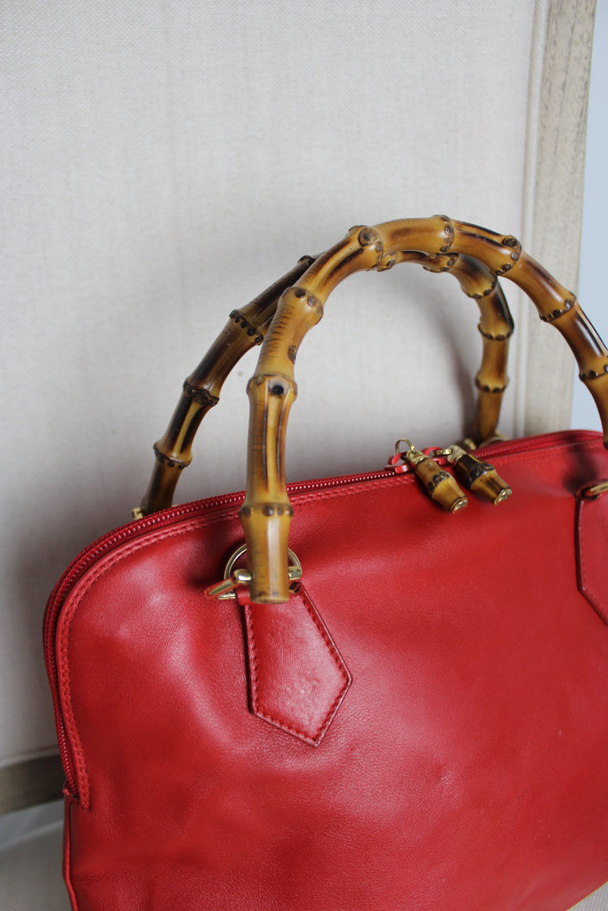 Gucci Red Leather Bamboo Handle Bag