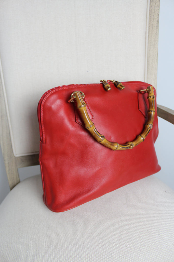 Gucci Red Leather Bamboo Handle Bag