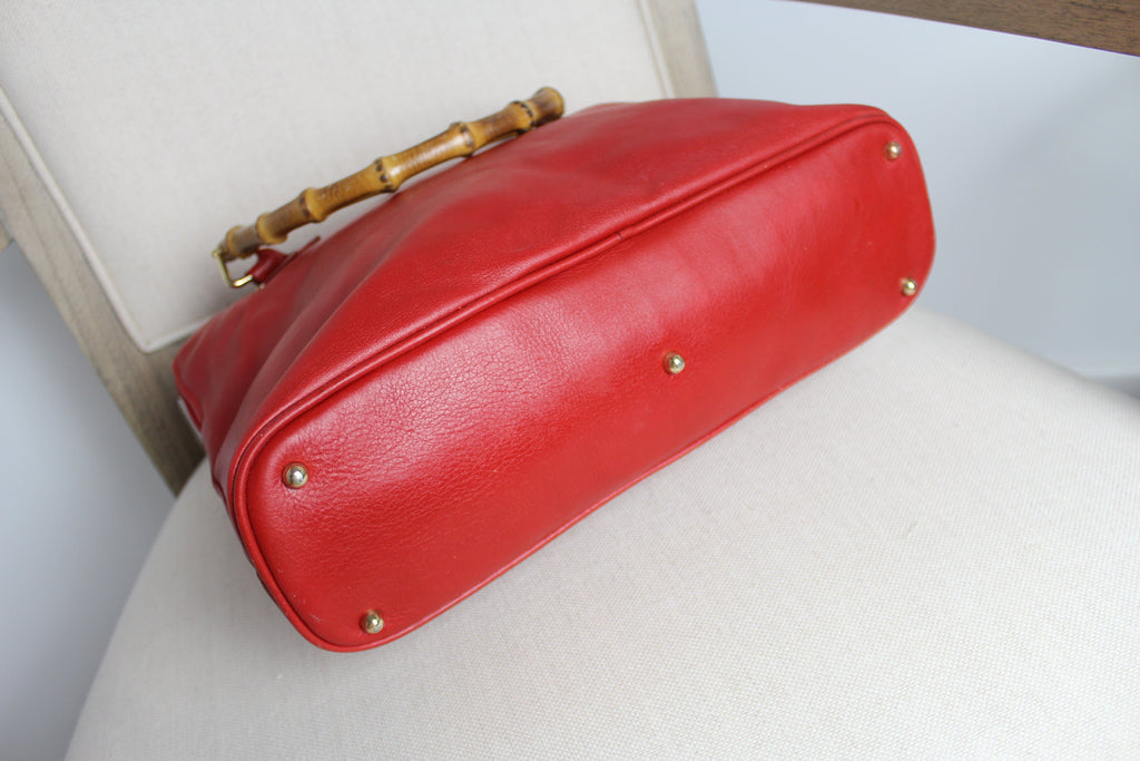 Gucci Red Leather Bamboo Handle Bag