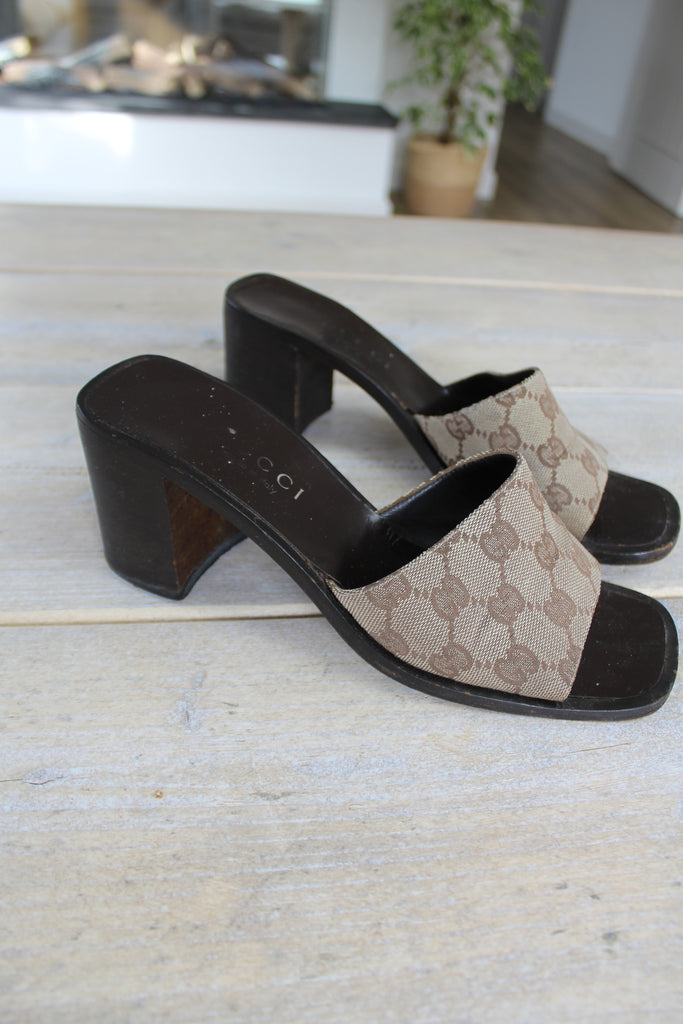 Gucci Monogram Canvas Chunky Heeled Sandals EU 38