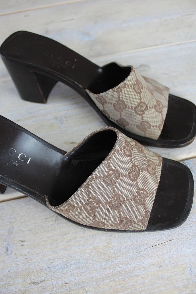 Gucci Monogram Canvas Chunky Heeled Sandals EU 38