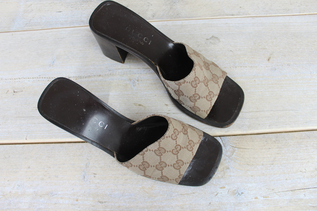 Gucci Monogram Canvas Chunky Heeled Sandals EU 38