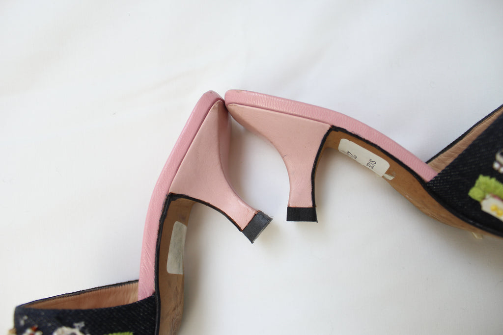 Fendi Beaded Denim Pink Leather Mules EU 36