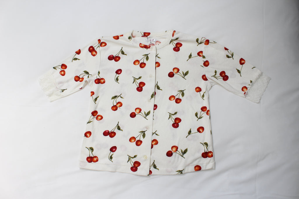 Vintage Cherry Print Terry Button Up Cardigan