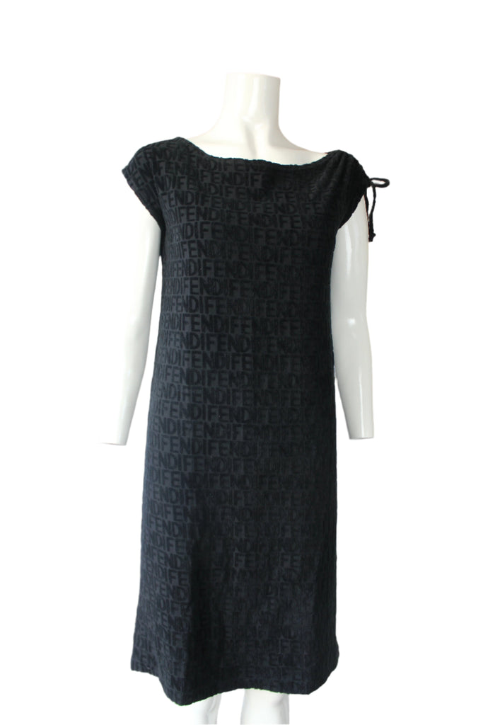 Fendi Black Logo Terry-Cloth / Towelling Drawstring Dress