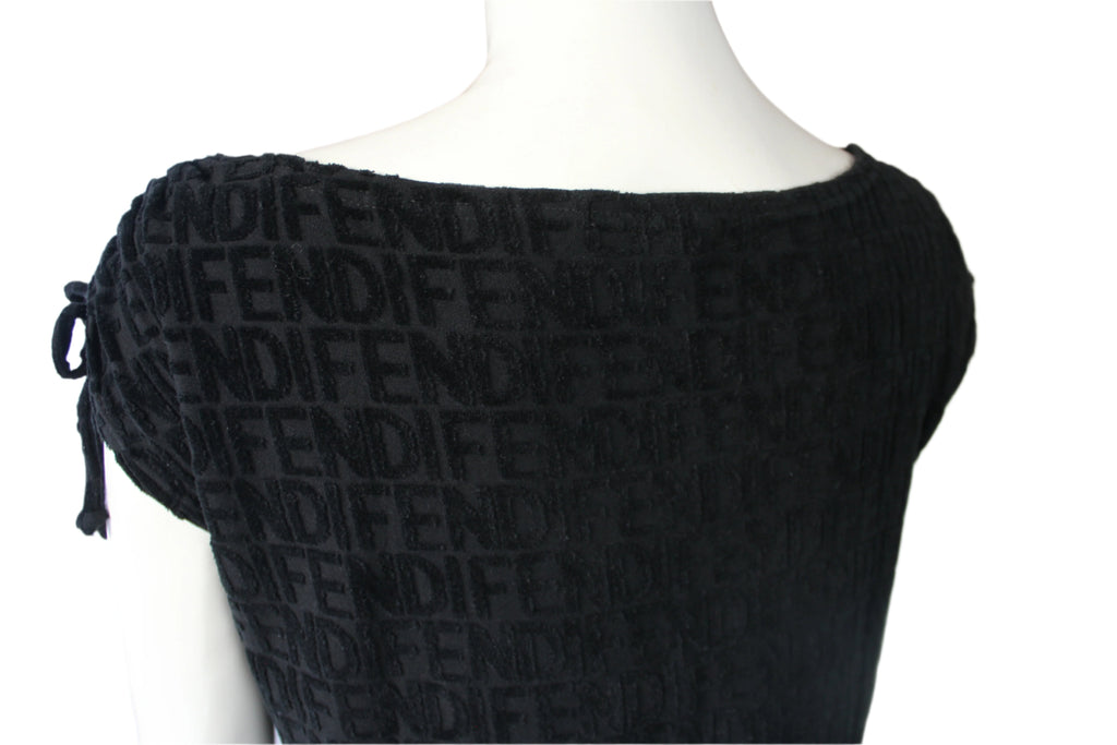 Fendi Black Logo Terry-Cloth / Towelling Drawstring Dress