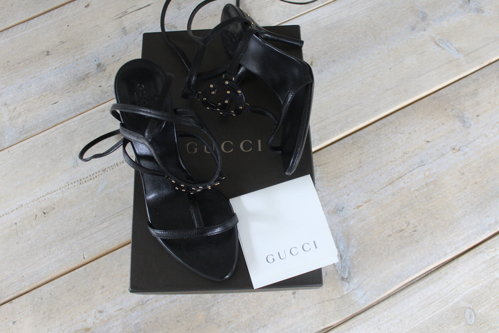 Gucci Studded GG Logo Black Leather Heels EU 34.5