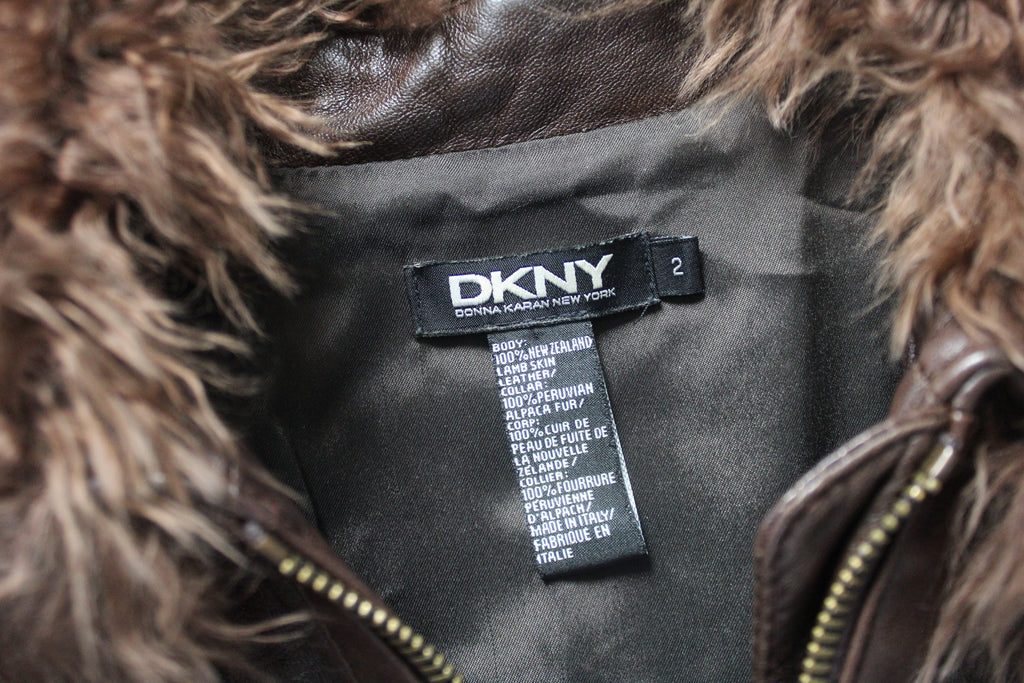 DKNY Fur Collar Brown Leather Zip Up Jacket