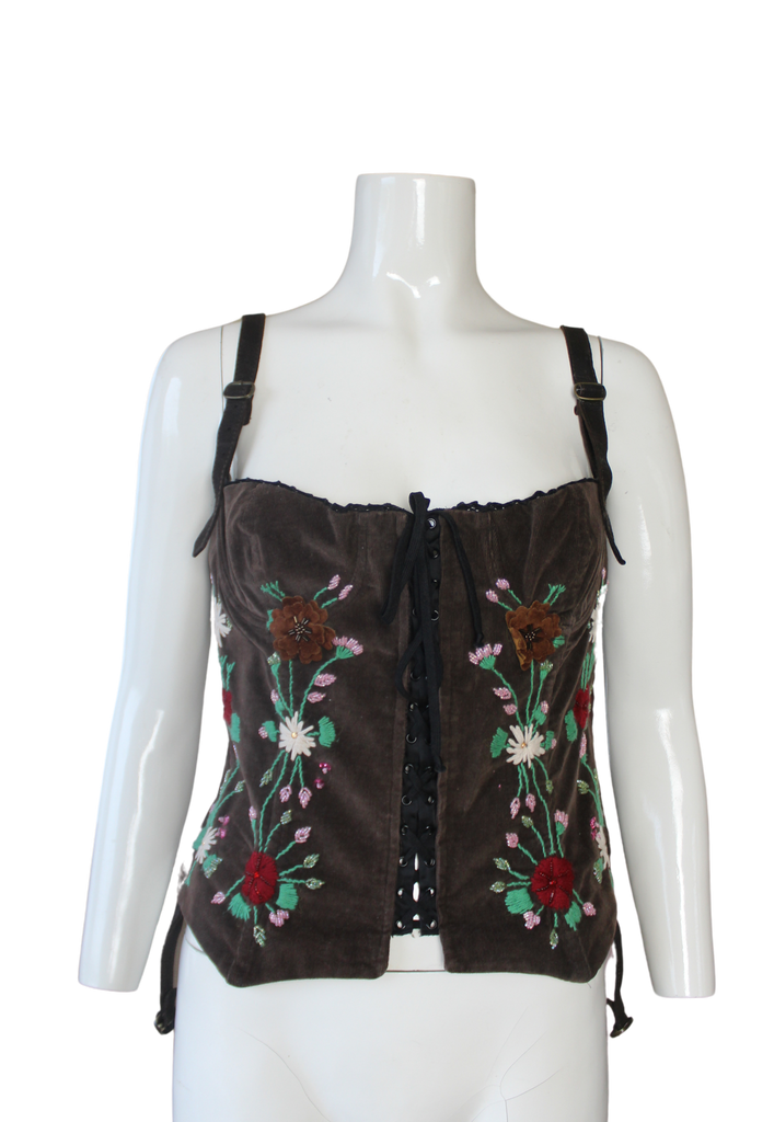 Dolce & Gabbana 2000's Floral Embroidered Brown Corduroy Corset