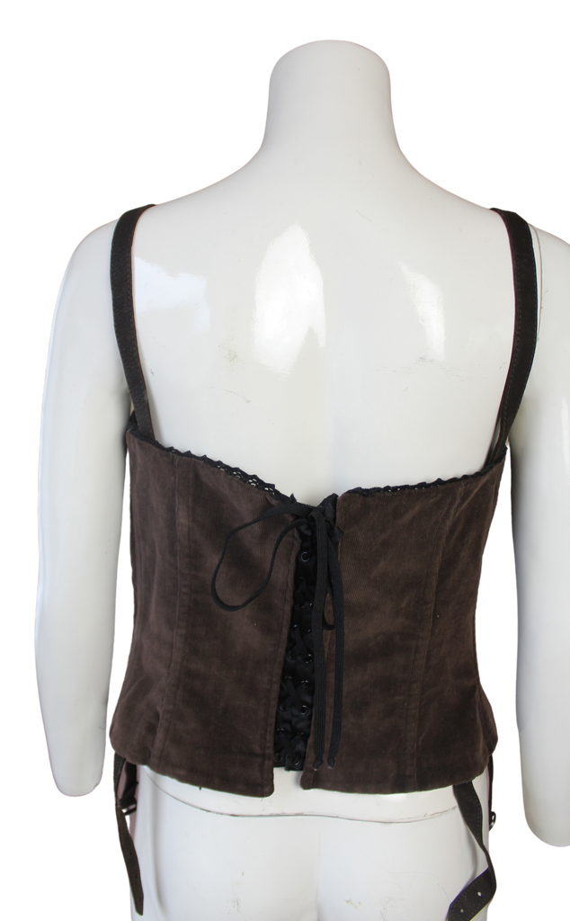 Dolce & Gabbana 2000's Floral Embroidered Brown Corduroy Corset