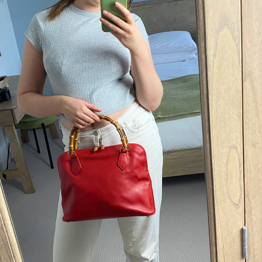 Gucci Red Leather Bamboo Handle Bag