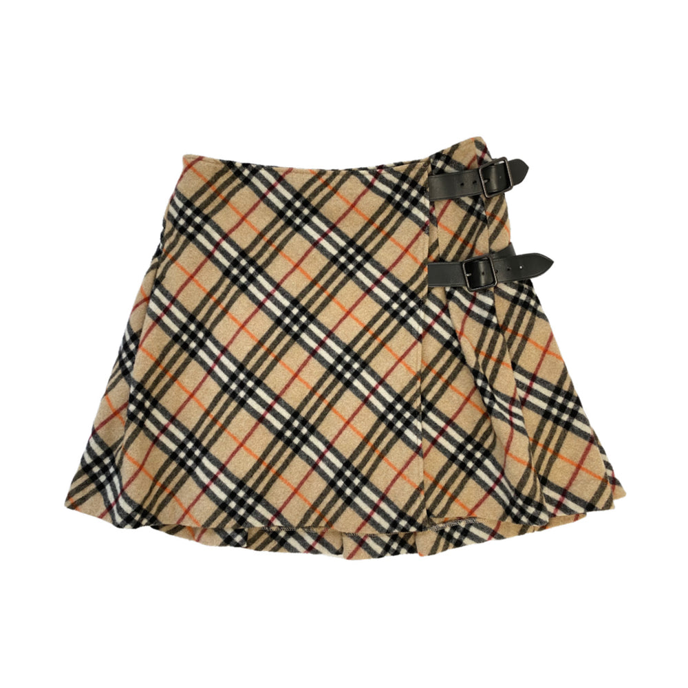 Burberry Diagonal Check Pleated Buckle Mini Skirt