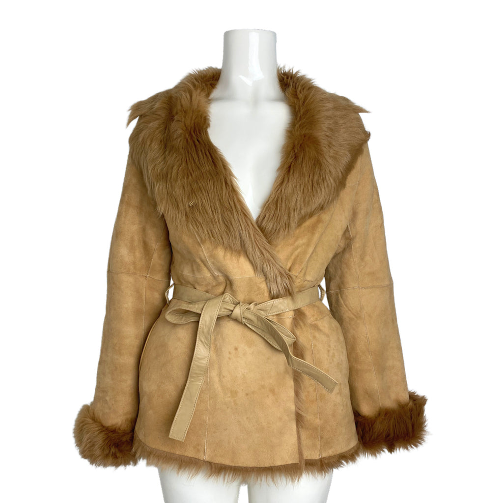 DKNY Tan Suede Fur Lined Belted Coat - S