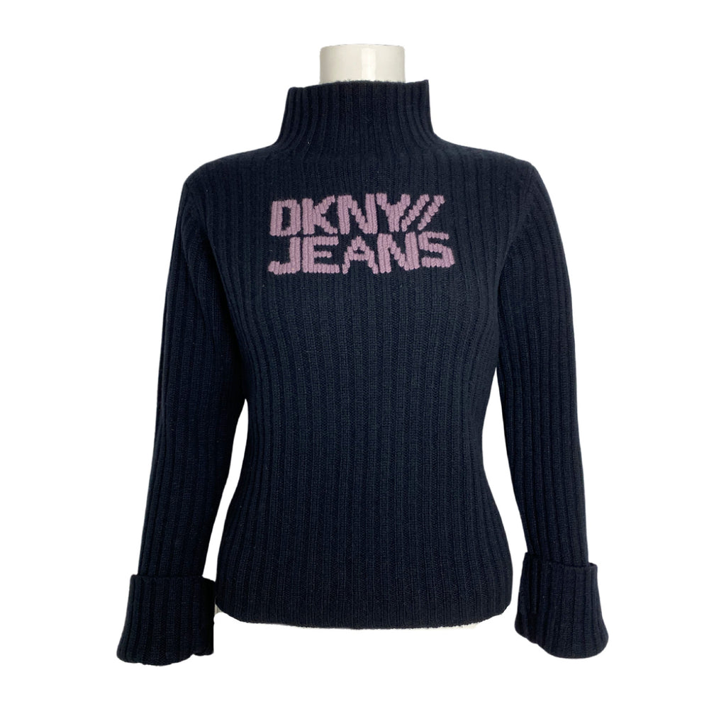 DKNY Jeans Logo Black Ribbed High Neck Top - S