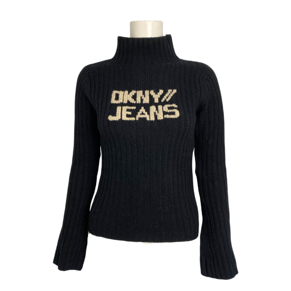 DKNY Logo Black High Neck Knitted Top