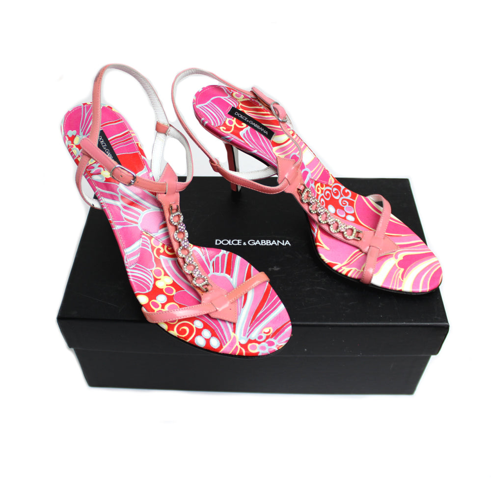 Dolce & Gabbana Pink Pattern Crystal Sandal Heels EU 40.5