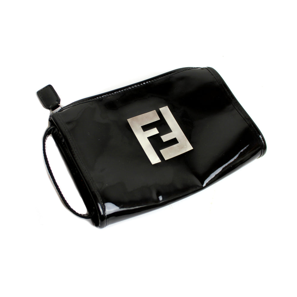 Fendi Logo Black Patent Vinyl Clutch Bag