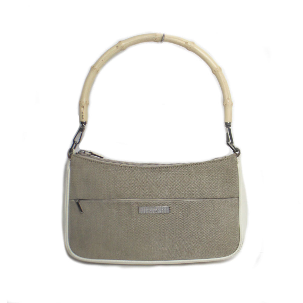 Gucci Canvas & White Leather Bamboo Shoulder Bag