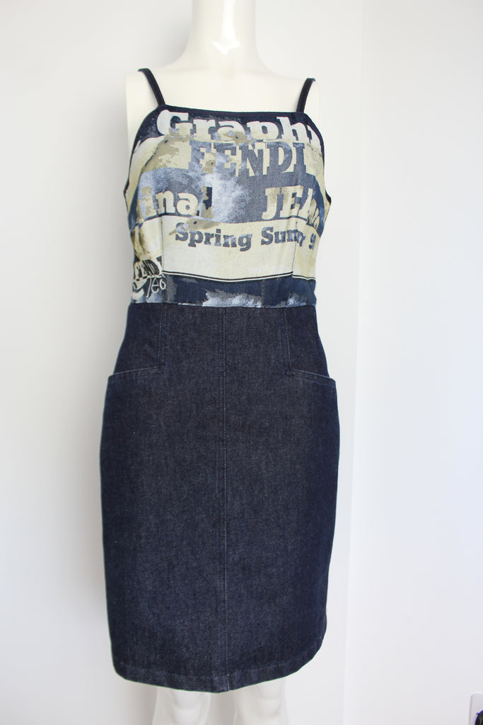 Fendi 1999 Graphic Denim Strappy Dress Small