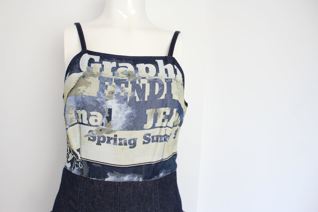 Fendi 1999 Graphic Denim Strappy Dress Small