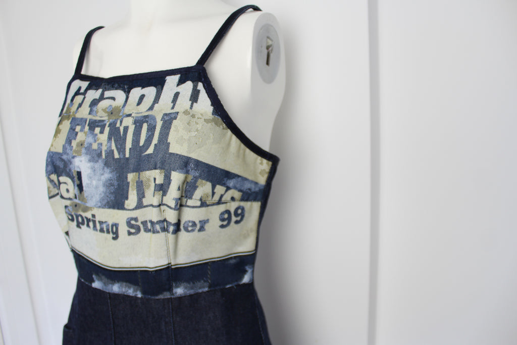 Fendi 1999 Graphic Denim Strappy Dress Small