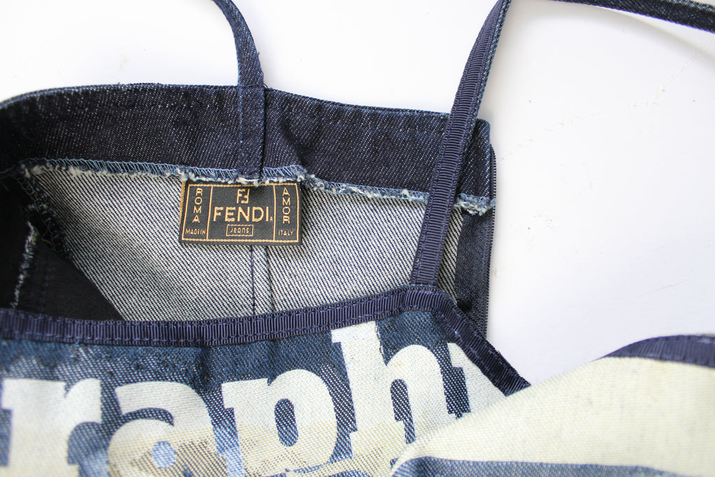 Fendi 1999 Graphic Denim Strappy Dress Small