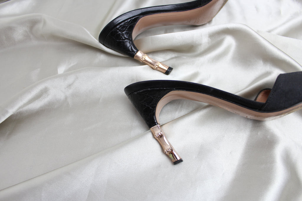 Gucci Black Monogram Gold Bamboo Heels EU 37