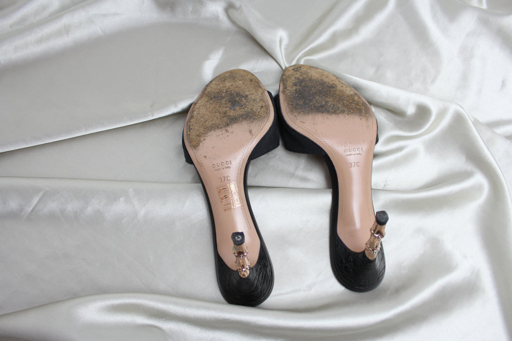 Gucci Black Monogram Gold Bamboo Heels EU 37