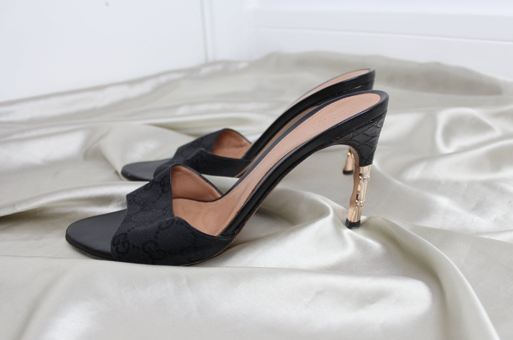 Gucci Black Monogram Gold Bamboo Heels EU 37