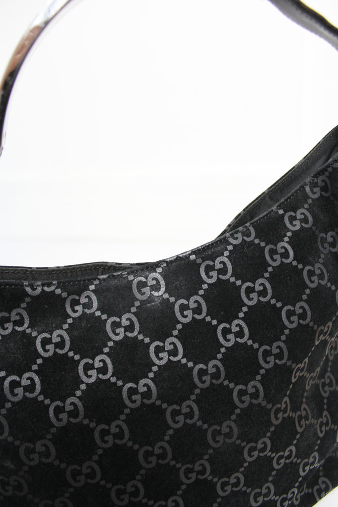 Gucci Black Suede Monogram Hobo Shoulder Bag